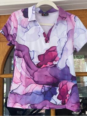 Yatta Women’s Golf Polo Purple Watercolor Pattern Size Small
